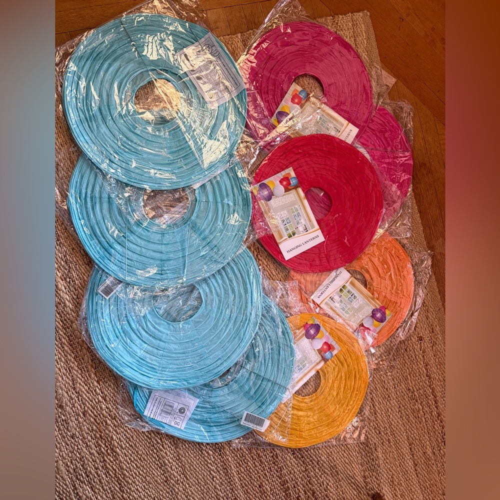 Vibrant Party Paper Lantern Set - Blue, Pink, Orange and 2 NWT wine glasses